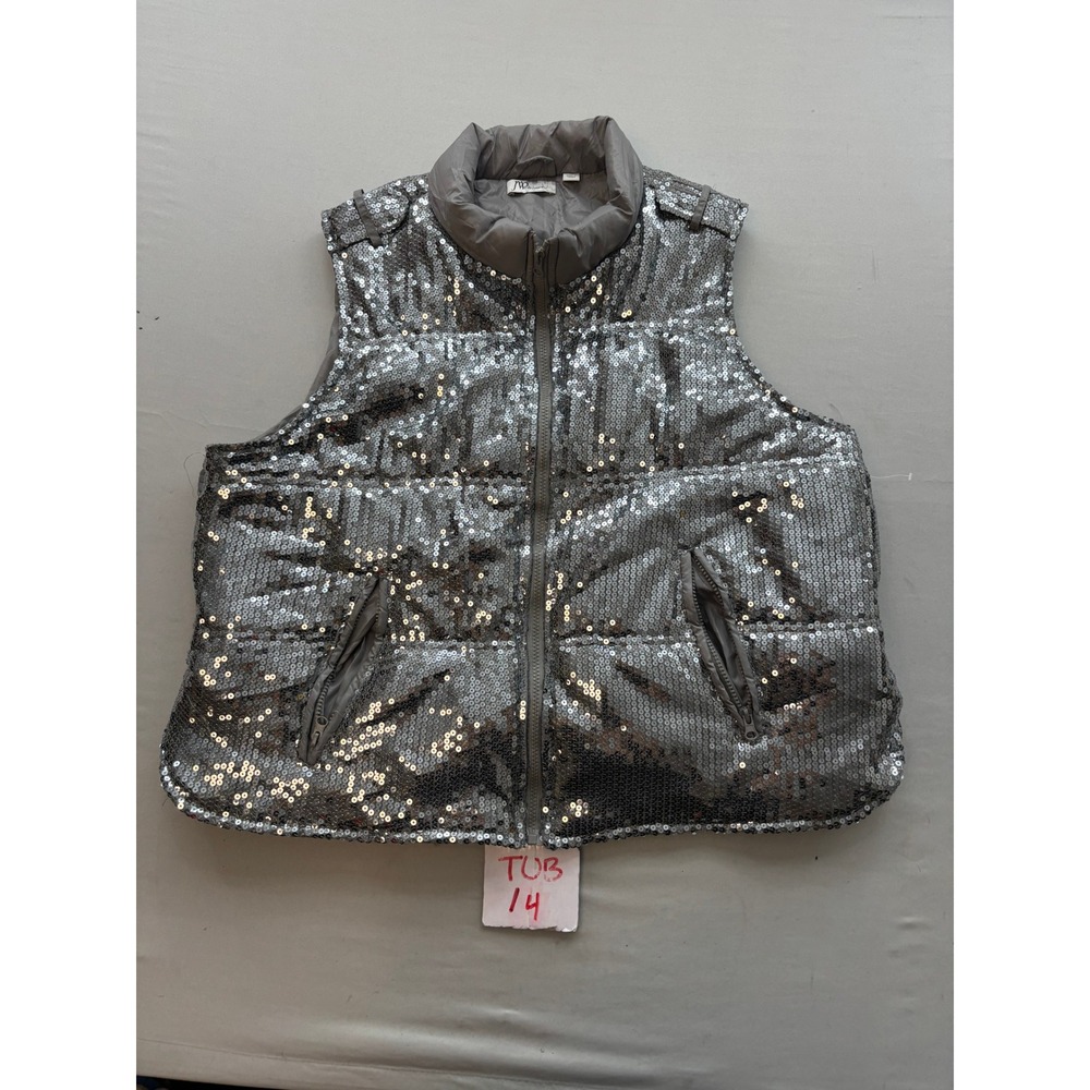 JW Woman Silver Sequin Puffer Vest Sleeveless Quilted Zip Up Jacket Grey 2X
